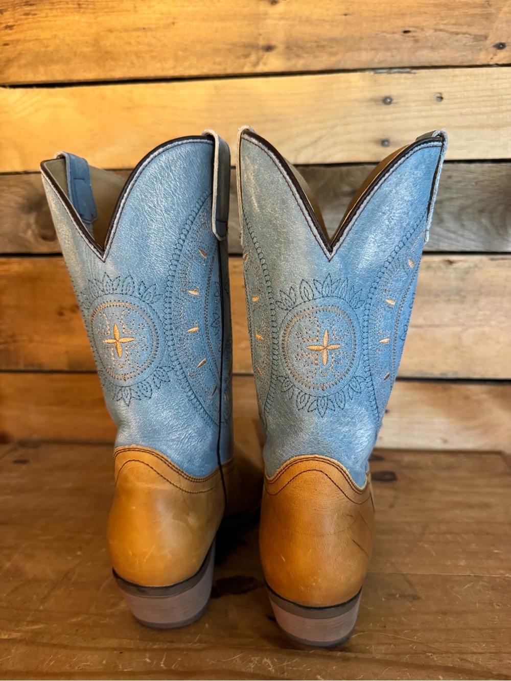 Tan and Blue Embroidered Sterling River Cowboy Boots - Picture 3 of 5